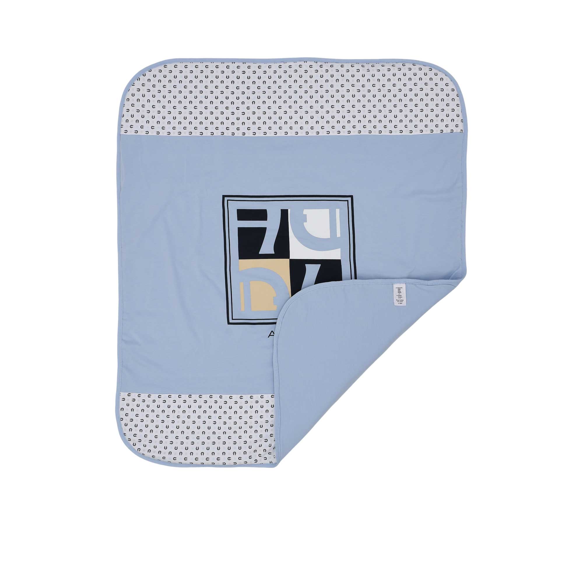 Front folded view of the Aigner kids newborn blue baby blanket with square logo panel and monogram border. Available Online Today