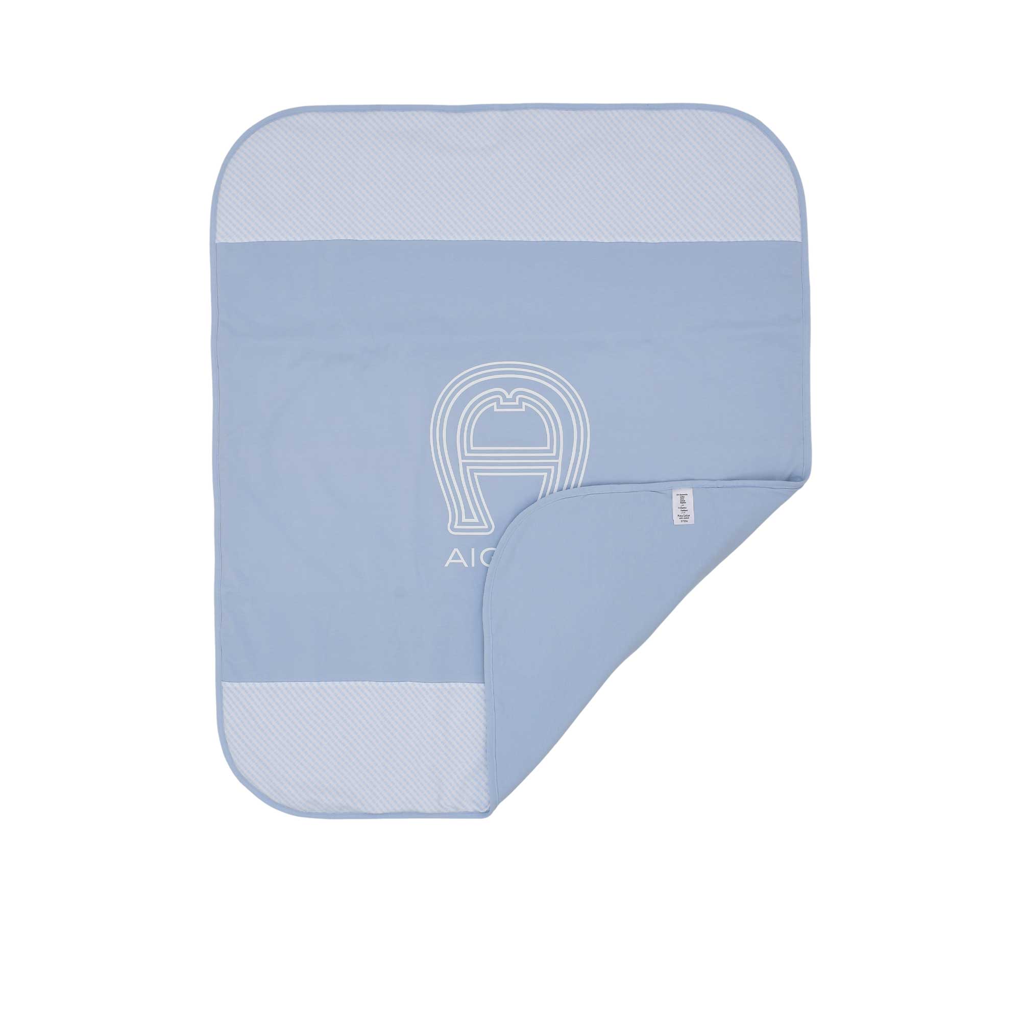 Front folded view of the Aigner kids newborn blue blanket with large logo and textured borders Shop the Latest Online