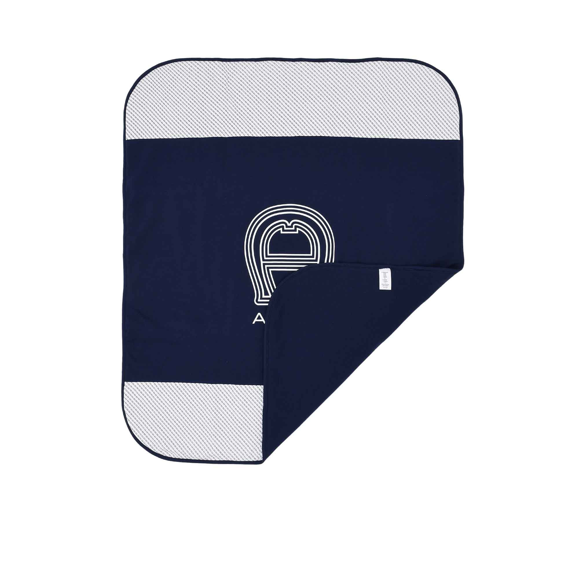 Front folded view of the Aigner kids newborn navy blanket with large logo and textured borders Shop the Latest Online
