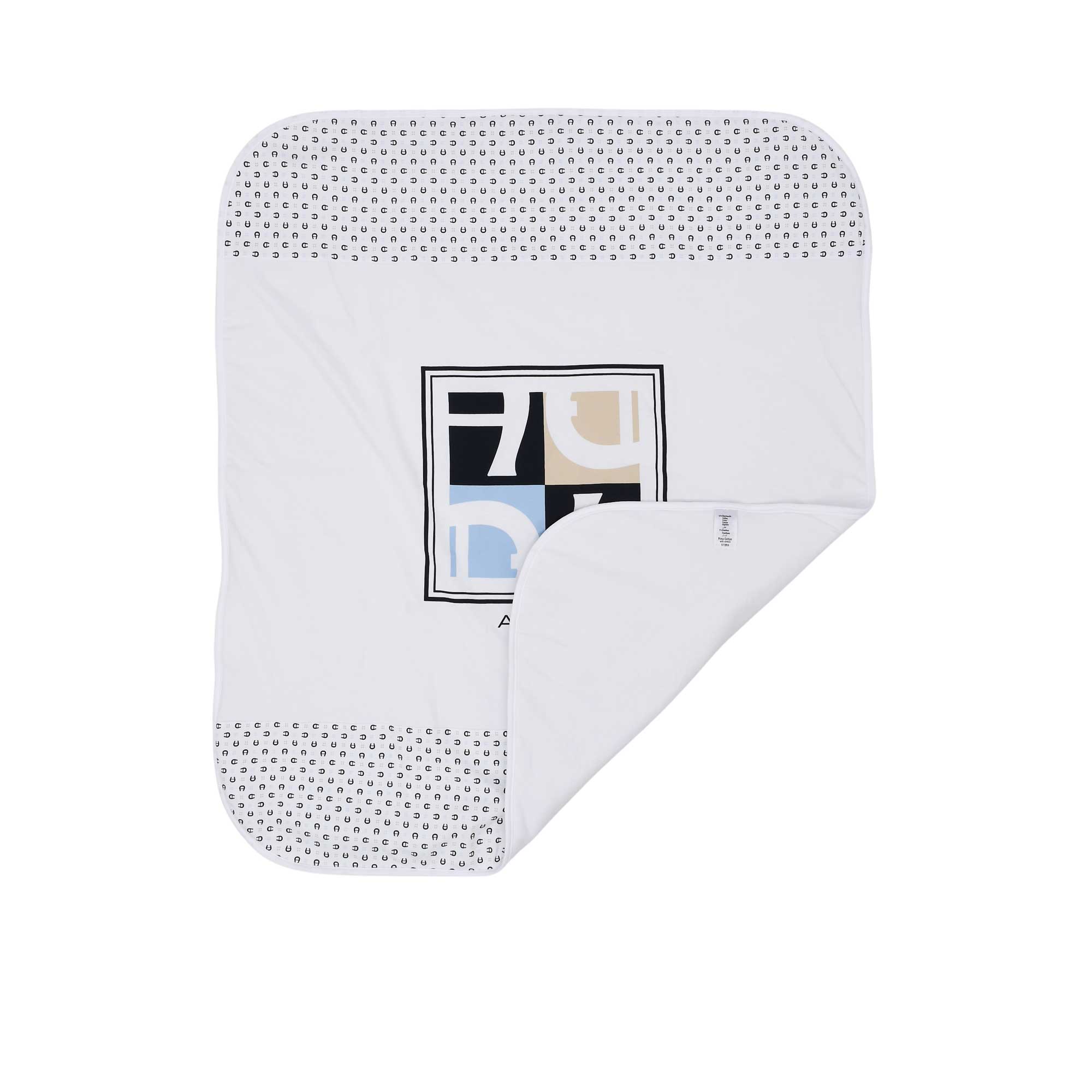 Front folded view of the Aigner kids newborn white baby blanket with square logo panel and monogram border. Available Online Today