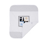 Front folded view of the Aigner kids newborn white baby blanket with square logo panel and monogram border. Available Online Today