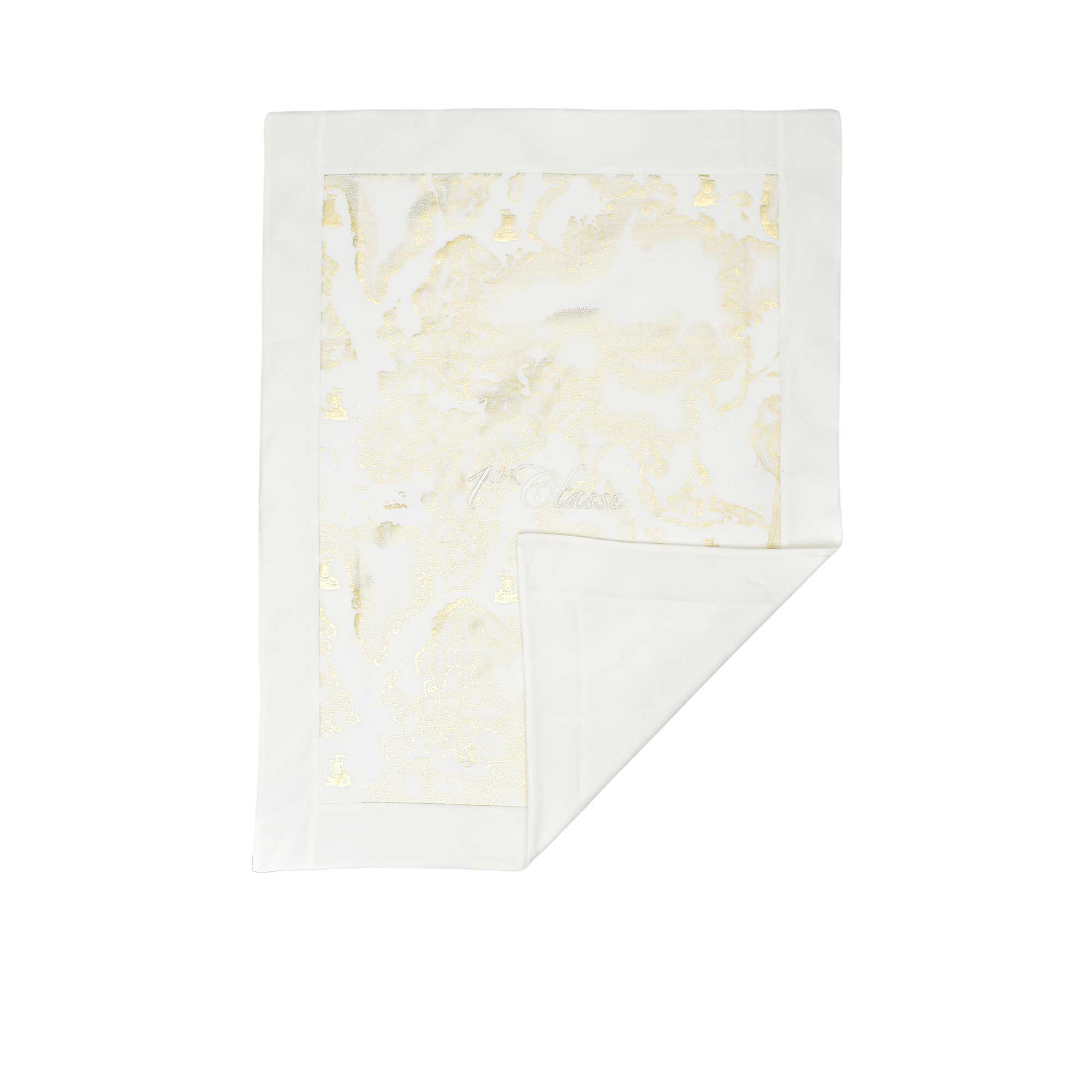 Front folded view of the Alviero Martini Newborn White/Gold Geo Print Blanket. Order Online Today at Blue Salon Qatar.