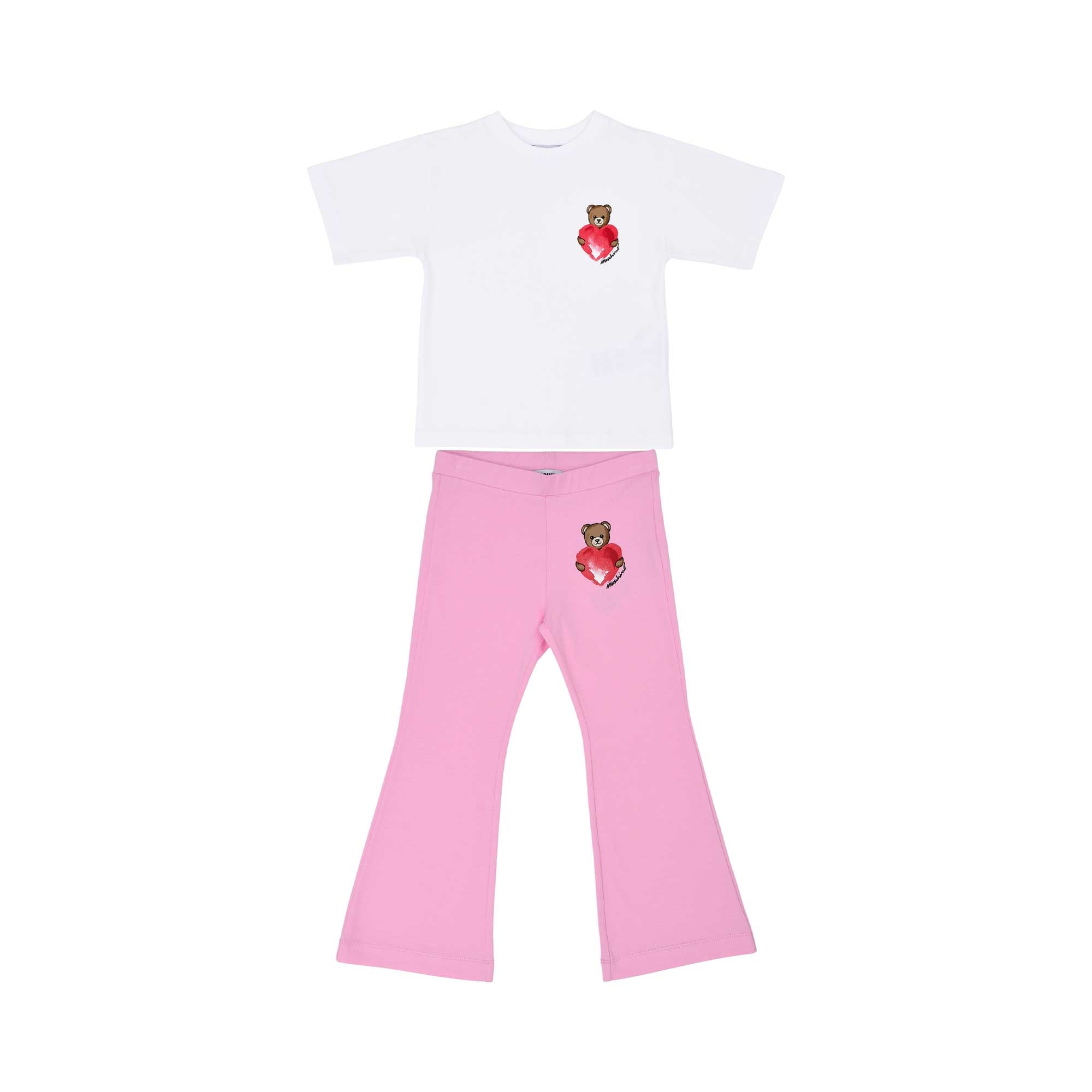 Front full-set view of the Moschino kids girls white T-shirt and pink trousers teddy print set. Shop Now Online
