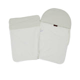 Front opened view of the Aigner kids newborn White baby nest with gold logo frame and monogram hood Available for Online Purchase