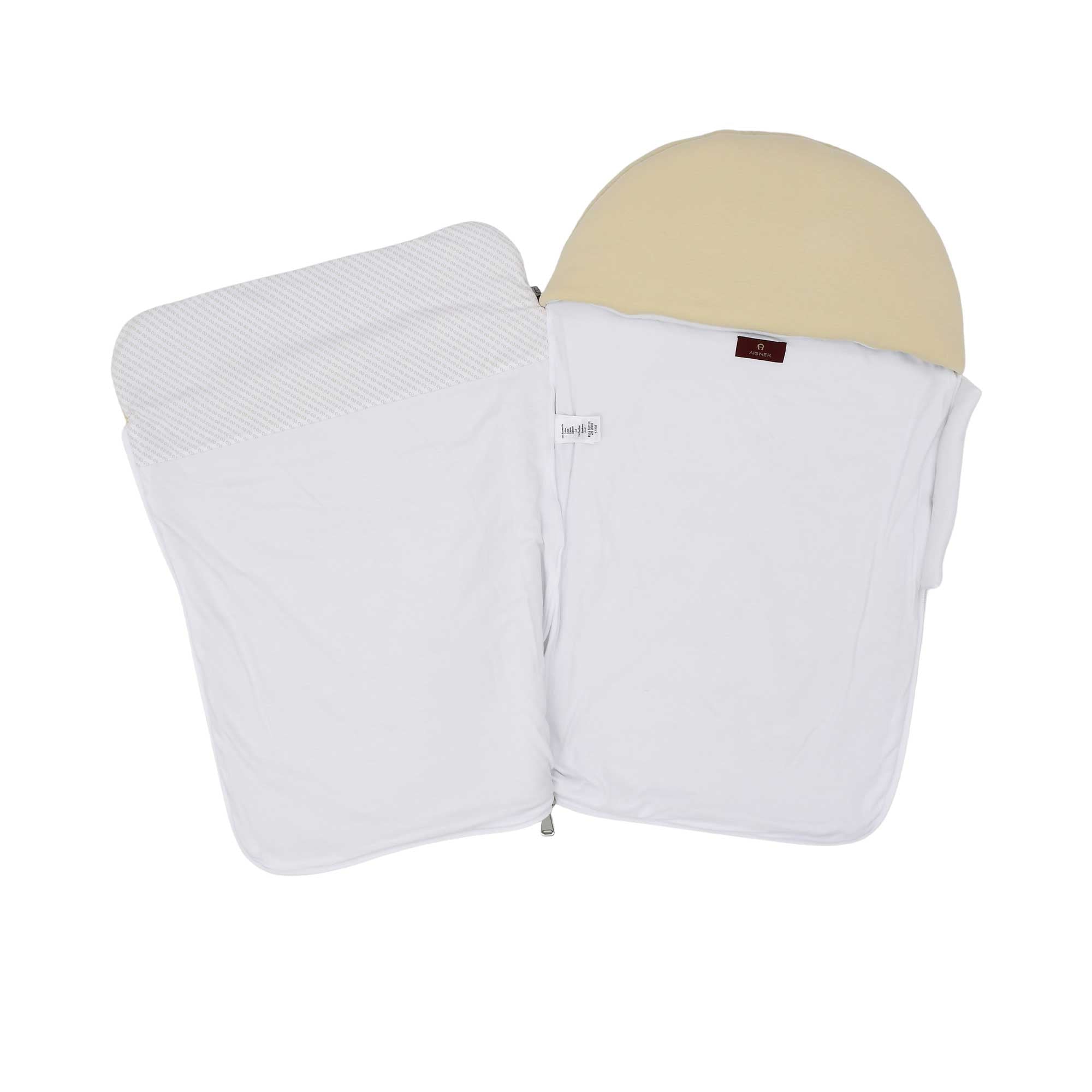 Front opened view of the Aigner kids newborn logo padded beige baby nest  cocoon and fold-over cover. Shop Now Online