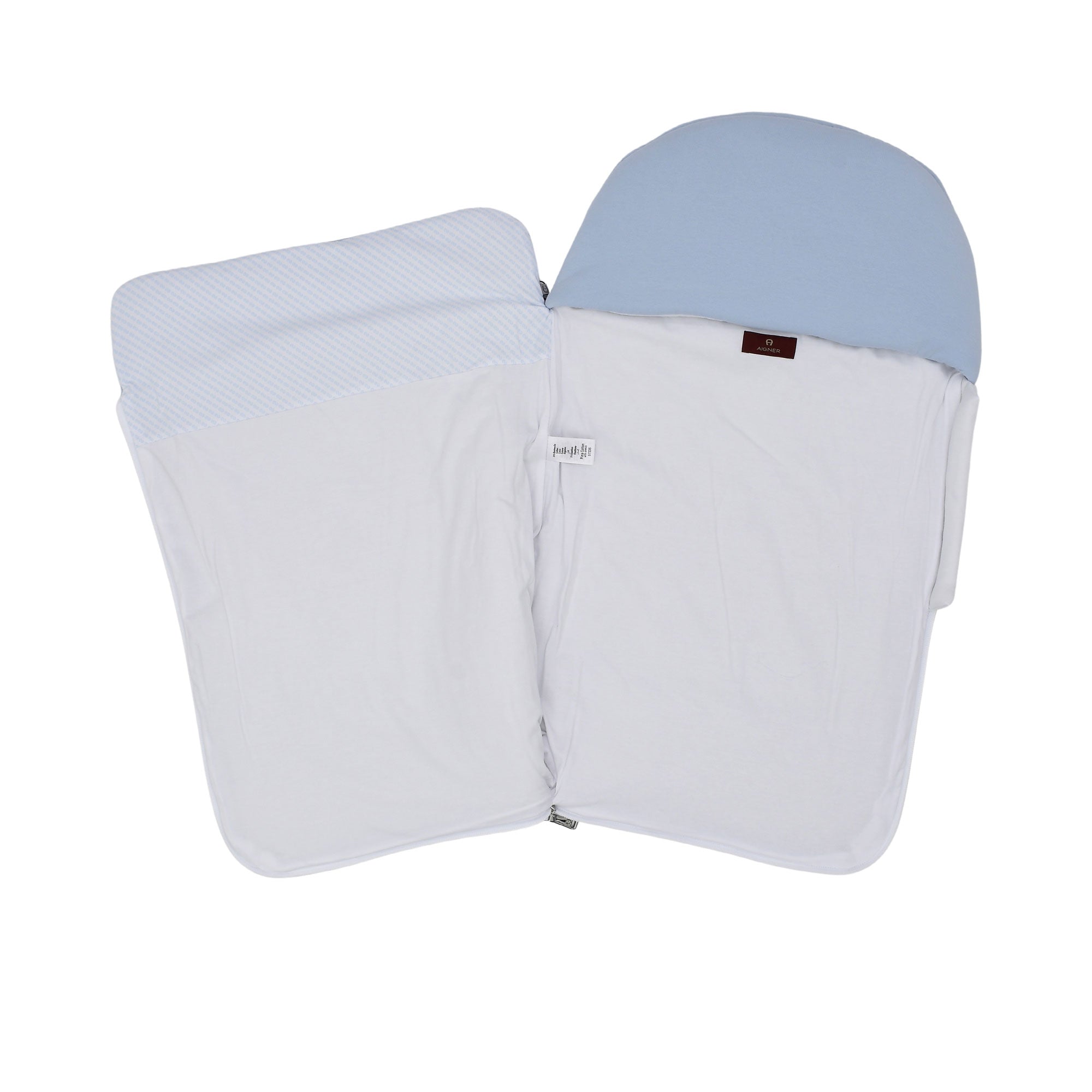 Front opened view of the Aigner kids newborn logo padded blue baby nest  cocoon and fold-over cover. Shop Now Online