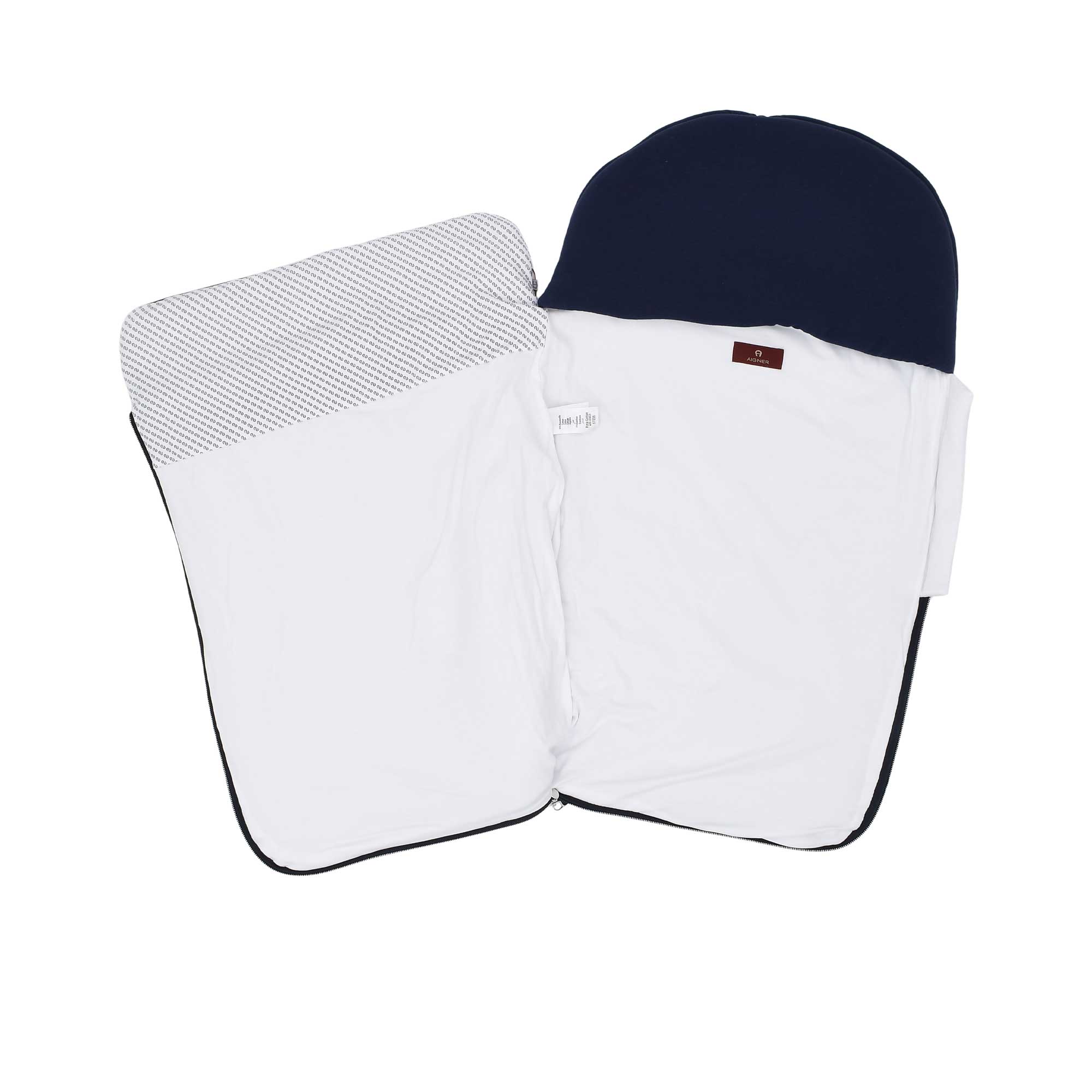 Front opened view of the Aigner kids newborn logo padded navy baby nest  cocoon and fold-over cover. Shop Now Online