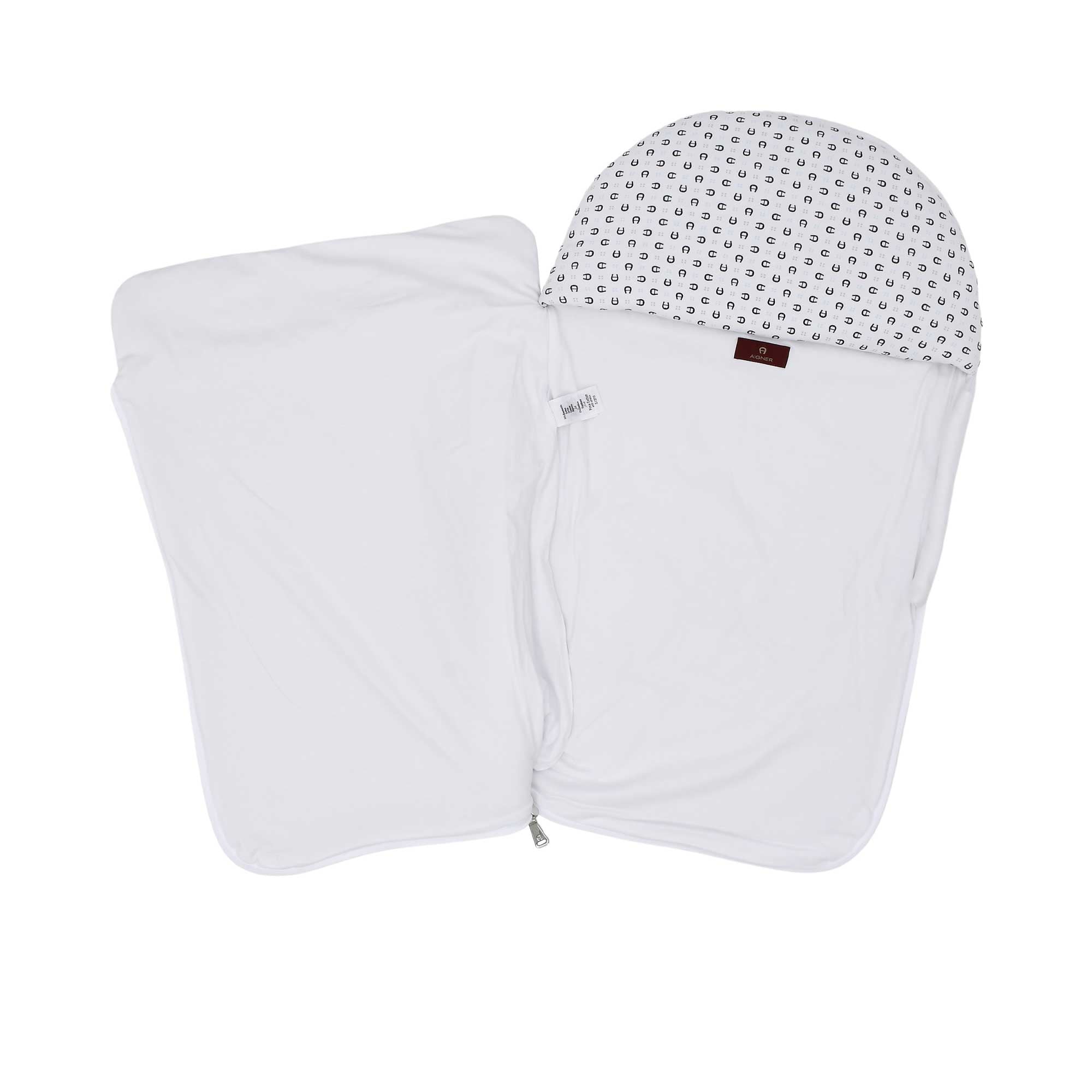 Front opened view of the Aigner kids newborn white baby nest with logo panel and monogram hood. Shop Now Online for the Latest Collection