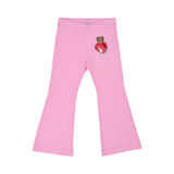 Front trousers view of the Moschino kids girls white T-shirt and pink trousers teddy print set. Shop Now Online