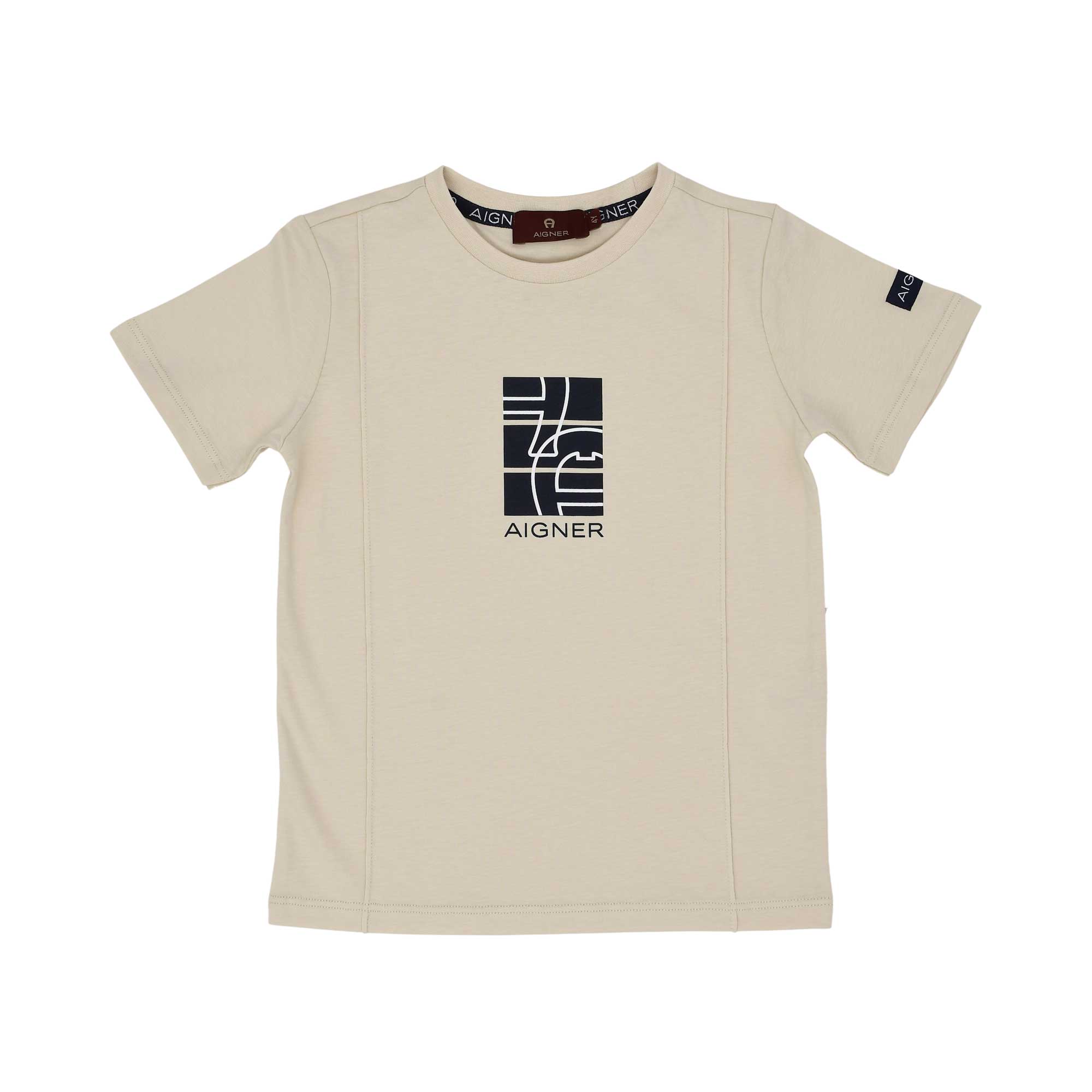 Front view Aigner Kids boys beige signature graphic t-shirt cotton top. Order Online Today