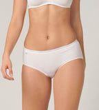 Front view of model wearing the Sloggi Basic+ white midi panties, showing the mid-rise waist and soft, breathable cotton texture. Now Available Online