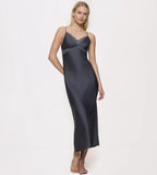 Front view of model wearing the Triumph Silky Sensuality dark grey nightdress, highlighting the lace-trimmed neckline and silky fabric drape. Find Online Now