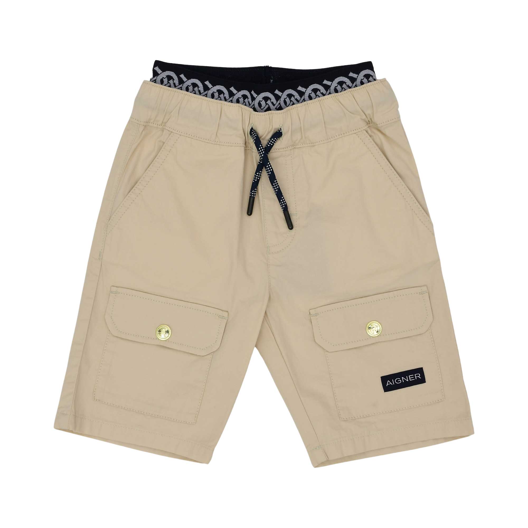 Front view of the Aigner Kids boys beige cargo bermuda shorts with pockets. Shop the Collection Online