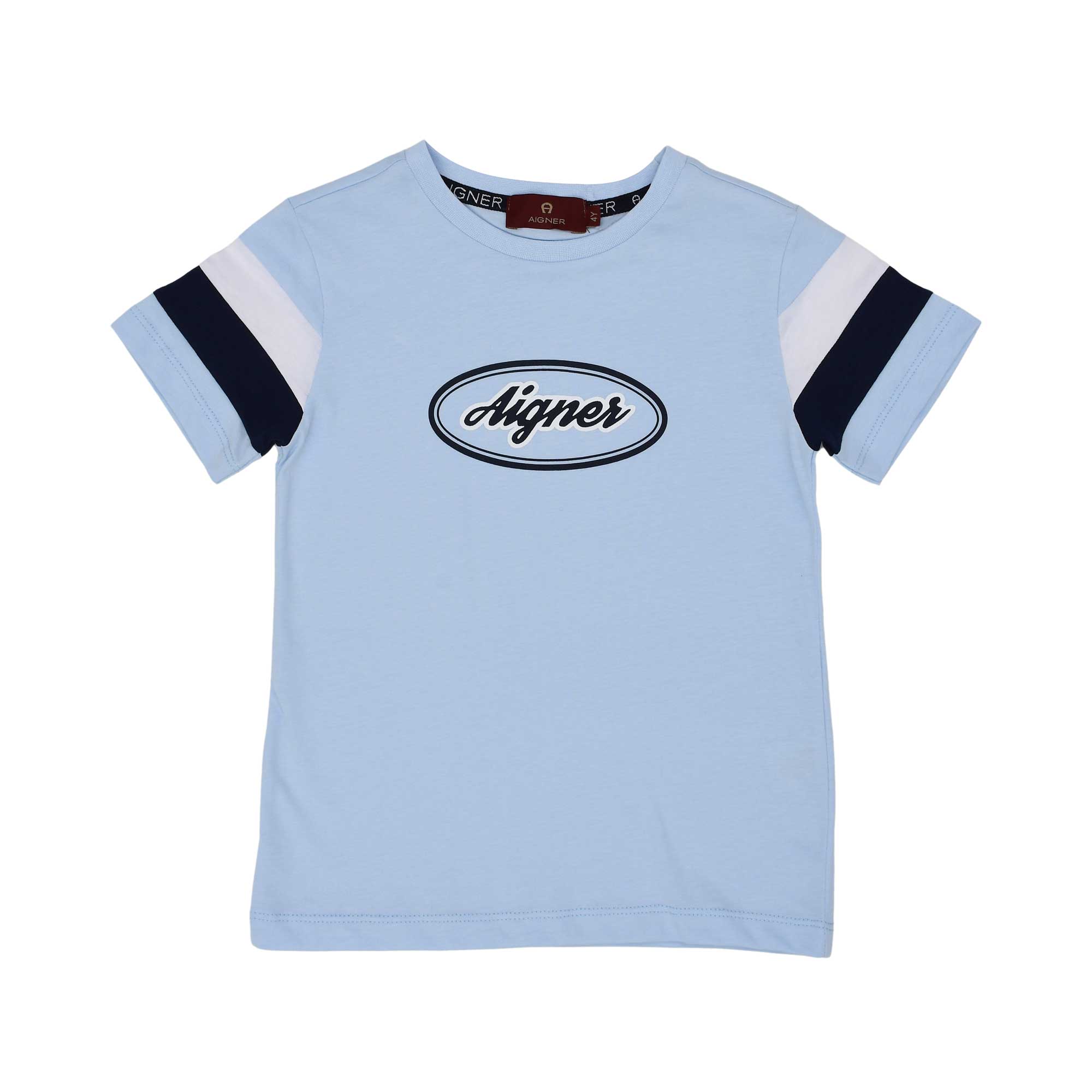 Front view of the Aigner Kids boys blue cotton t-shirt logo print contrast sleeve stripes. Order Now Online.