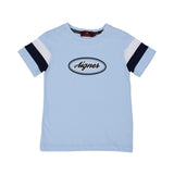 Front view of the Aigner Kids boys blue cotton t-shirt logo print contrast sleeve stripes. Order Now Online.