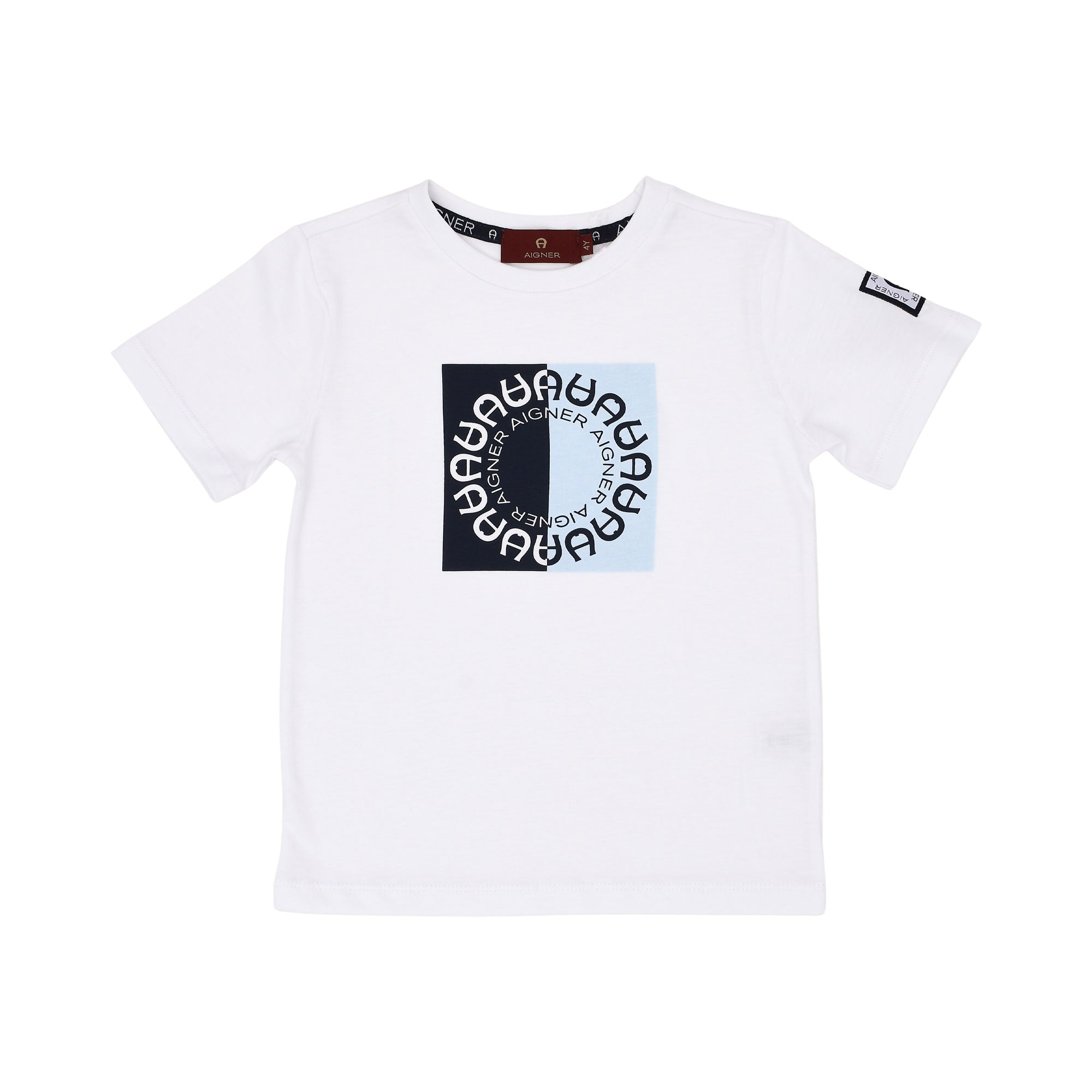 Front view of the Aigner Kids boys circular logo graphic White t-shirt. Order Online Today