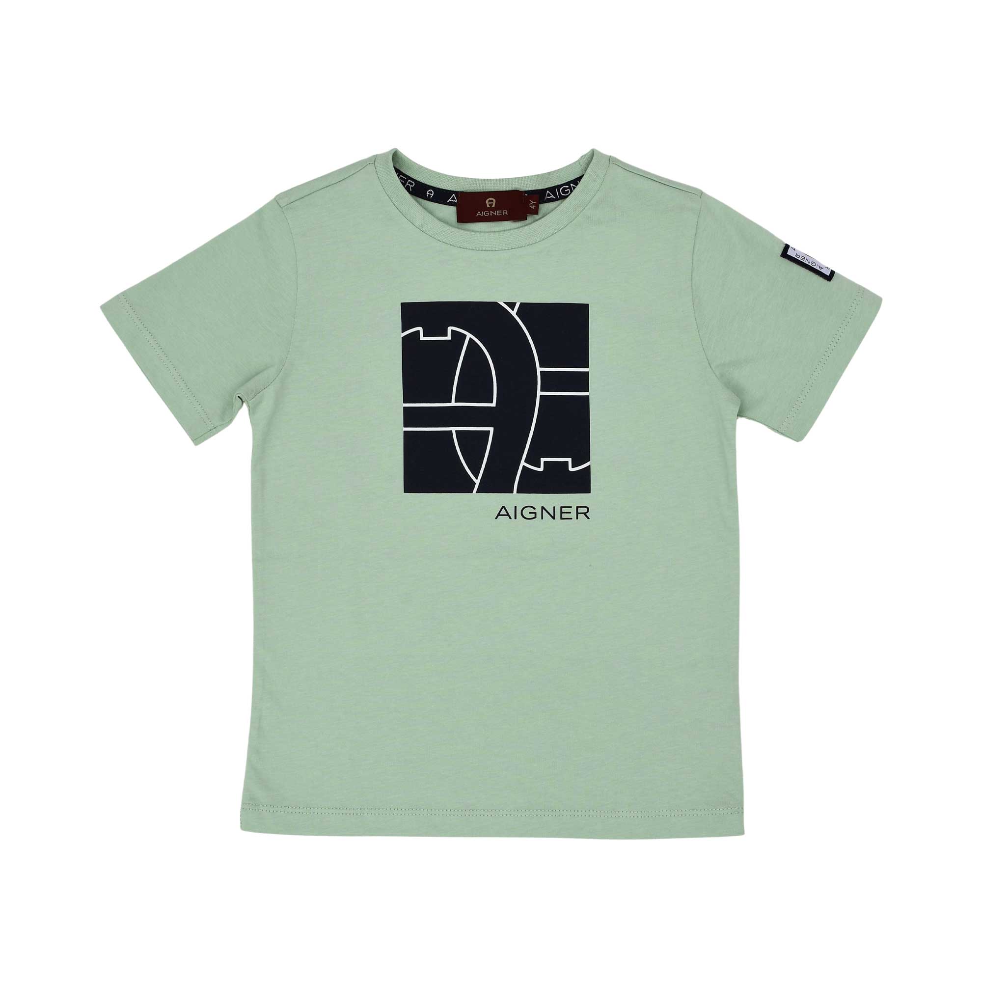 Front view of the Aigner Kids boys green t-shirt logo graphic. Shop Online Today.