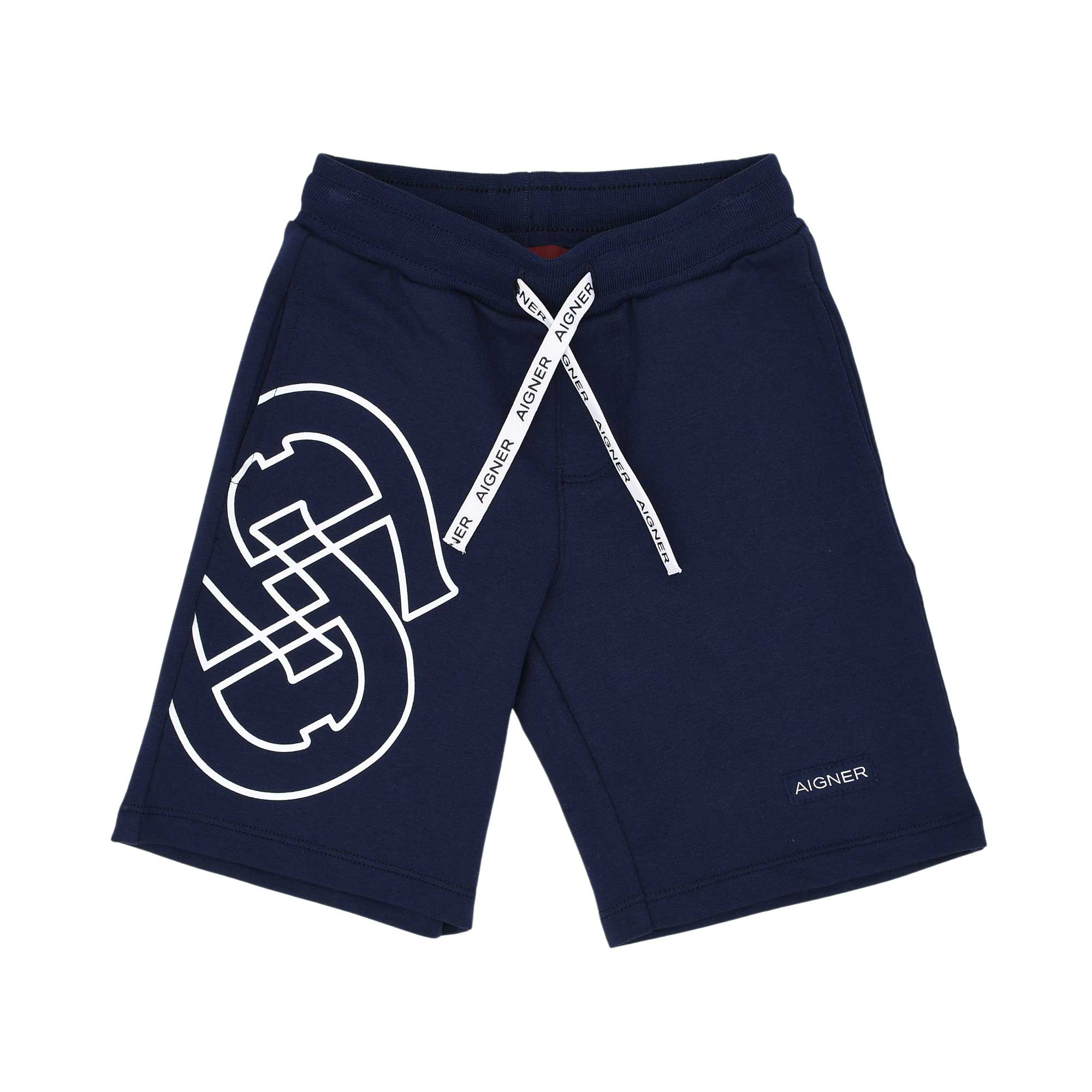 Front view of the Aigner Kids boys navy bermuda shorts with logo print. Shop Now Online