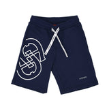 Front view of the Aigner Kids boys navy bermuda shorts with logo print. Shop Now Online