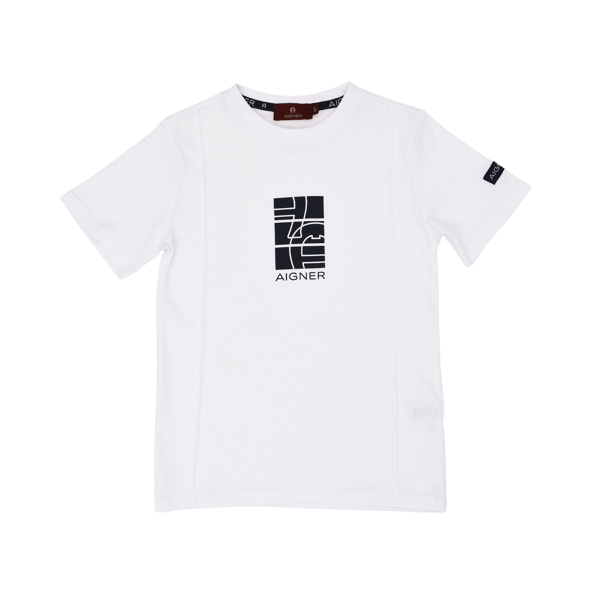 Front view of the Aigner Kids boys signature graphic t-shirt cotton top in White. Order Online Today