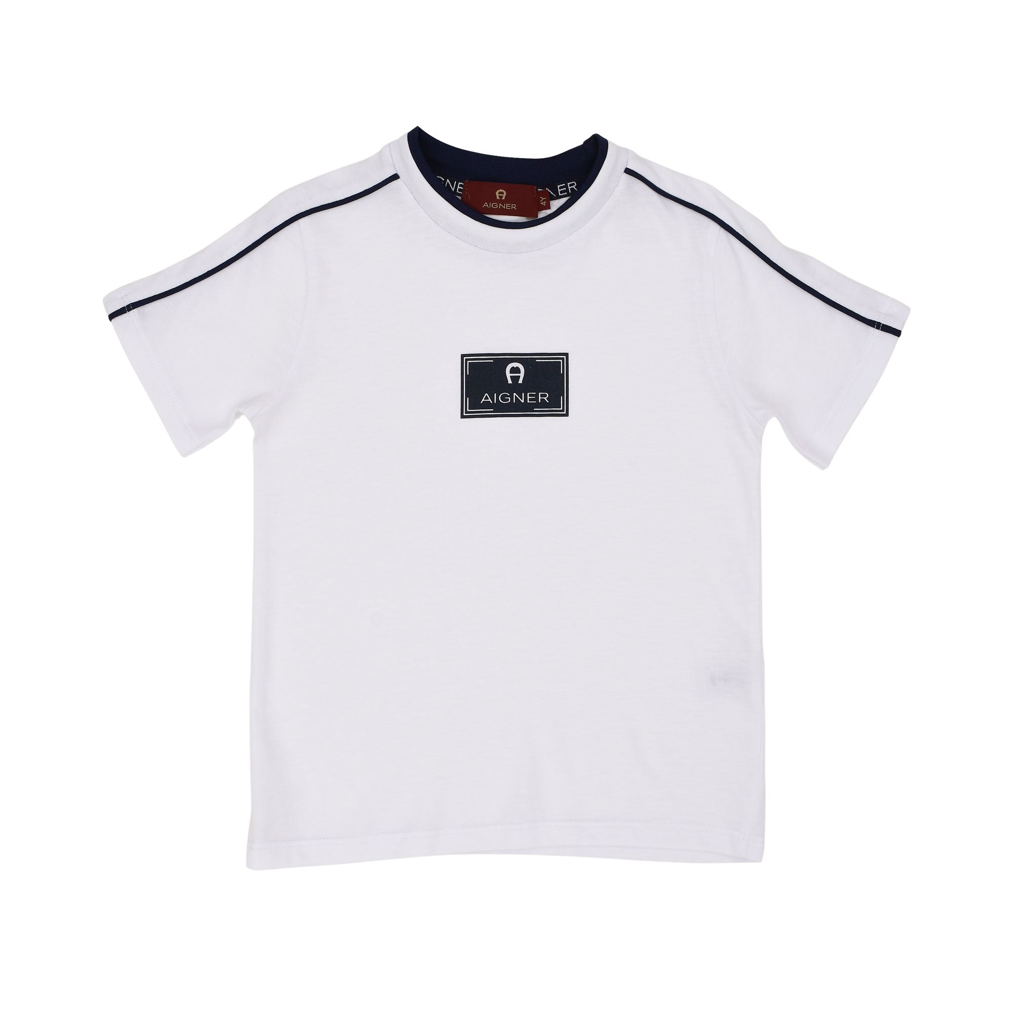 Front view of the Aigner Kids boys white cotton t-shirt logo. Shop Now Online