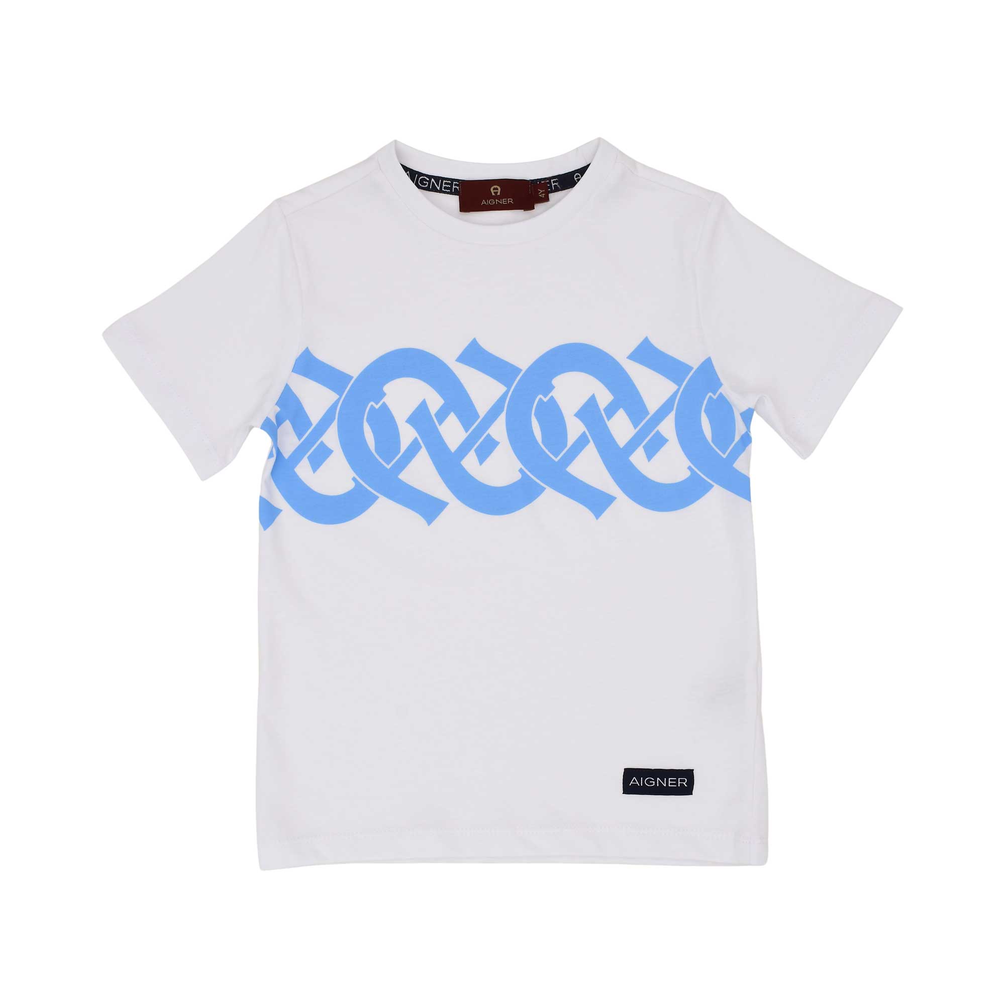 Front view of the Aigner Kids boys white t-shirt logo print. Available Online