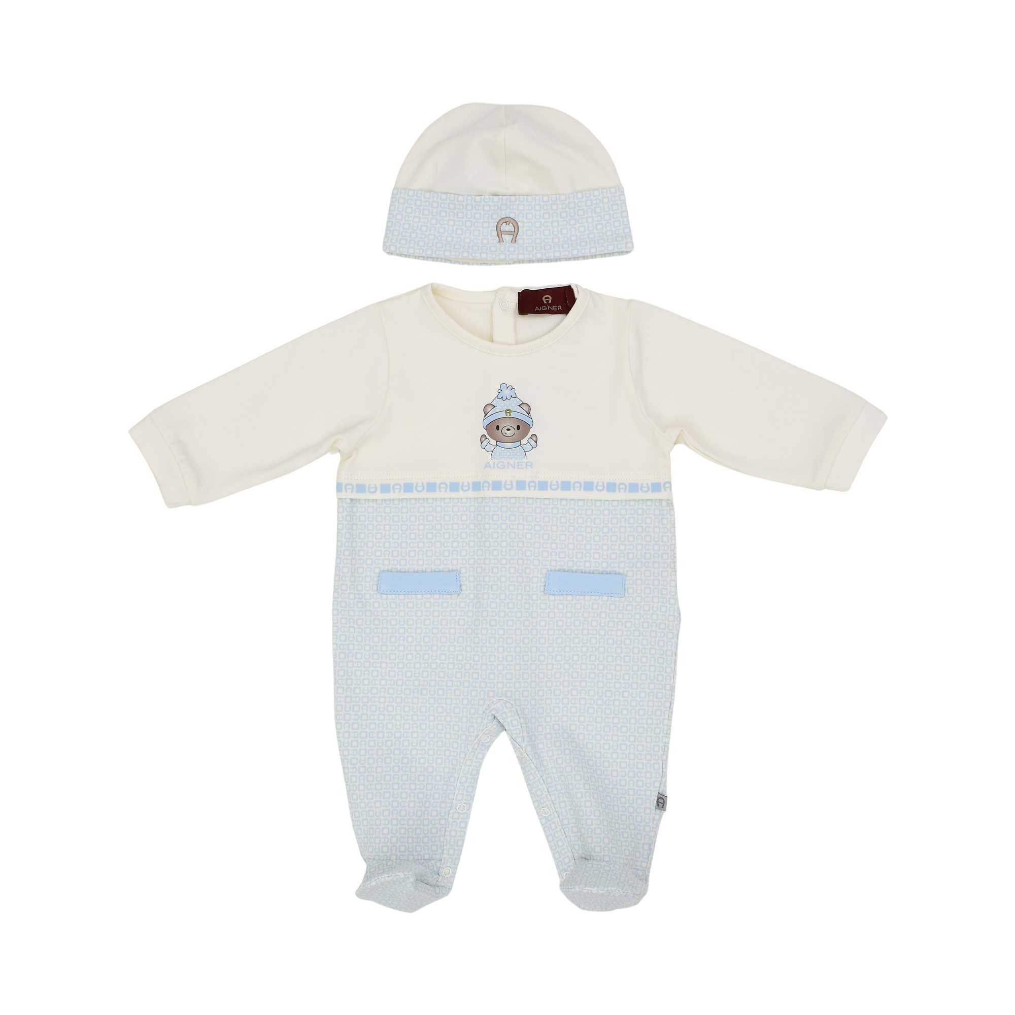 Front view of the Aigner Kids newborn White & Blue sleepsuit set with hat baby outfit soft luxury cotton. Shop the Latest Collection Online