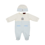 Front view of the Aigner Kids newborn White & Blue sleepsuit set with hat baby outfit soft luxury cotton. Shop the Latest Collection Online
