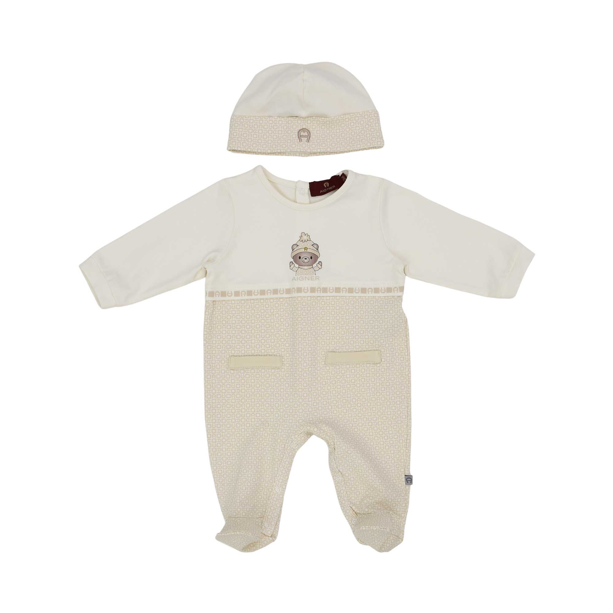 Front view of the Aigner Kids newborn beige sleepsuit set with hat baby outfit soft luxury cotton. Shop the Latest Collection Online