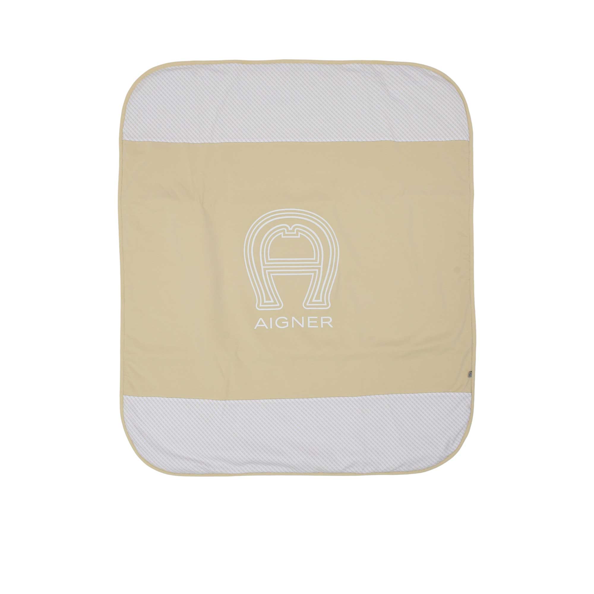 Front view of the Aigner kids newborn beige blanket with large logo and textured borders Shop the Latest Online