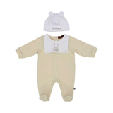 Front view of the Aigner kids newborn beige sleepsuit set with teddy embroidery and ear hat. Find Online Today