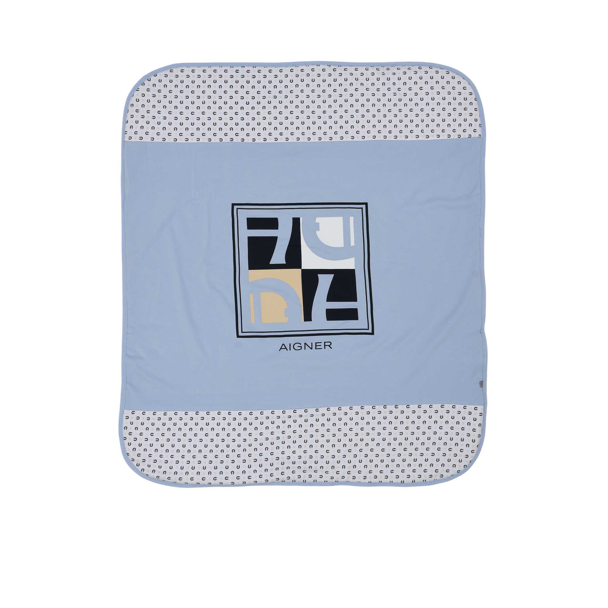 Front view of the Aigner kids newborn blue baby blanket with square logo panel and monogram border. Available Online Today