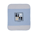 Front view of the Aigner kids newborn blue baby blanket with square logo panel and monogram border. Available Online Today