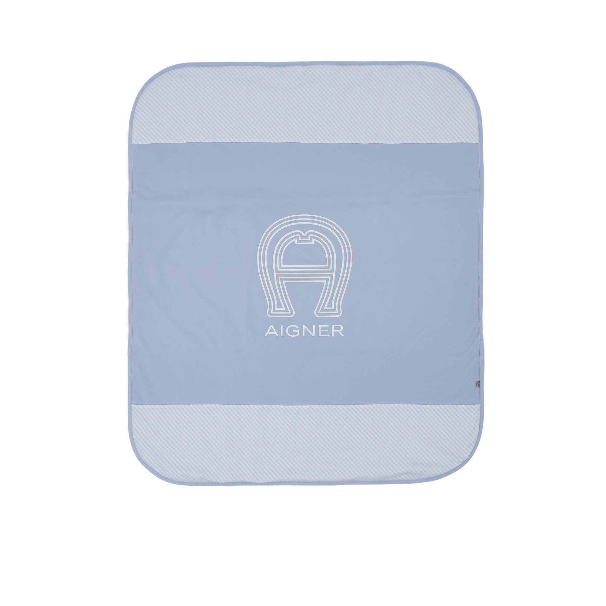 Front view of the Aigner kids newborn blue blanket with large logo and textured borders Shop the Latest Online