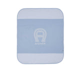 Front view of the Aigner kids newborn blue blanket with large logo and textured borders Shop the Latest Online