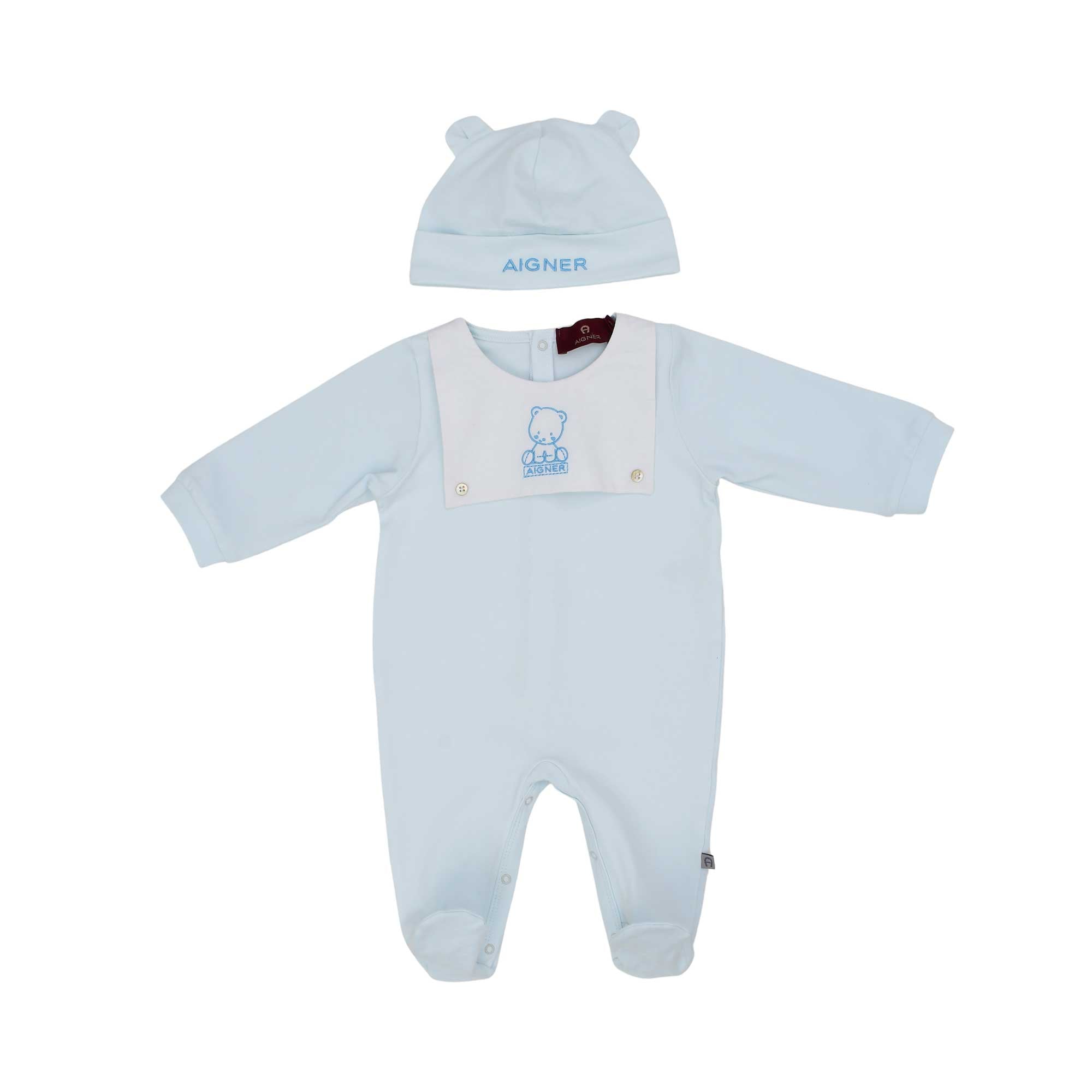 Front view of the Aigner kids newborn blue sleepsuit set with teddy embroidery and ear hat. Find Online Today