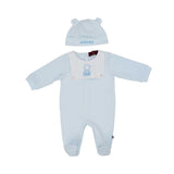 Front view of the Aigner kids newborn blue sleepsuit set with teddy embroidery and ear hat. Find Online Today