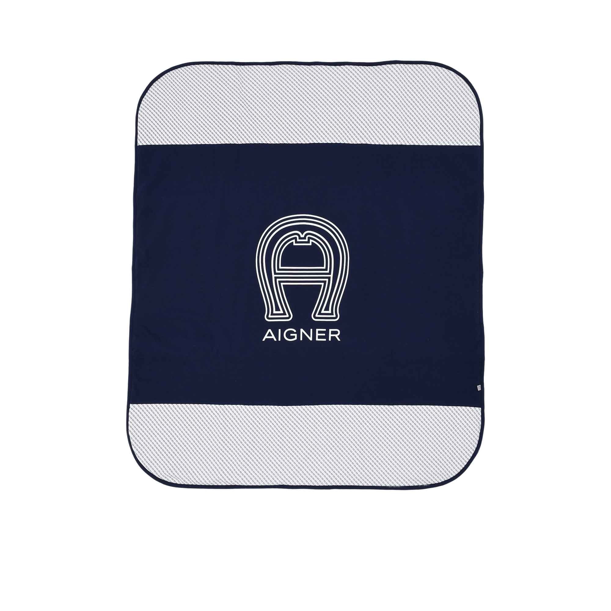 Front view of the Aigner kids newborn navy blanket with large logo and textured borders Shop the Latest Online