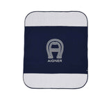 Front view of the Aigner kids newborn navy blanket with large logo and textured borders Shop the Latest Online