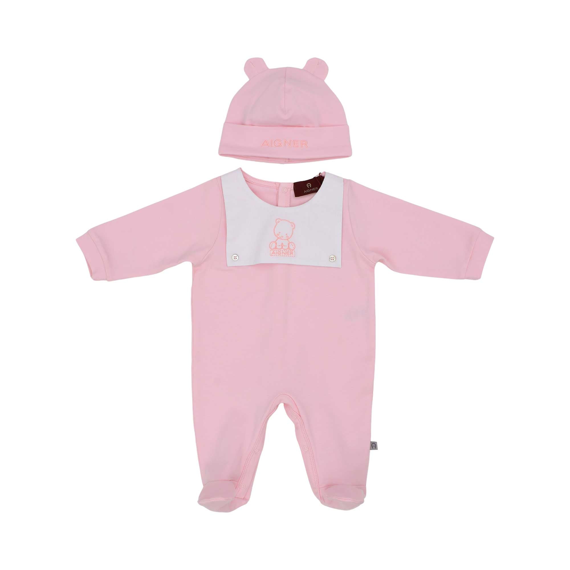 Front view of the Aigner kids newborn pink sleepsuit set with teddy embroidery and ear hat. Find Online Today