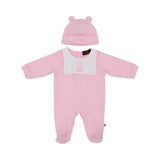 Front view of the Aigner kids newborn pink sleepsuit set with teddy embroidery and ear hat. Find Online Today