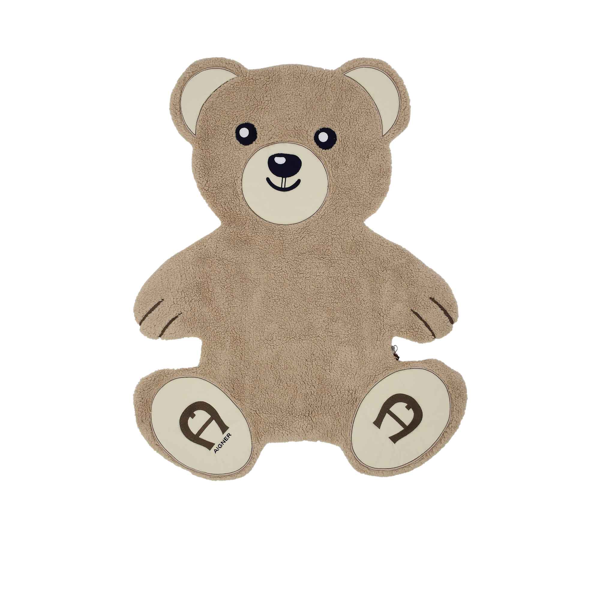 Front view of the Aigner kids newborn's teddy bear shaped blanket beige with logo paw design Order Online Today