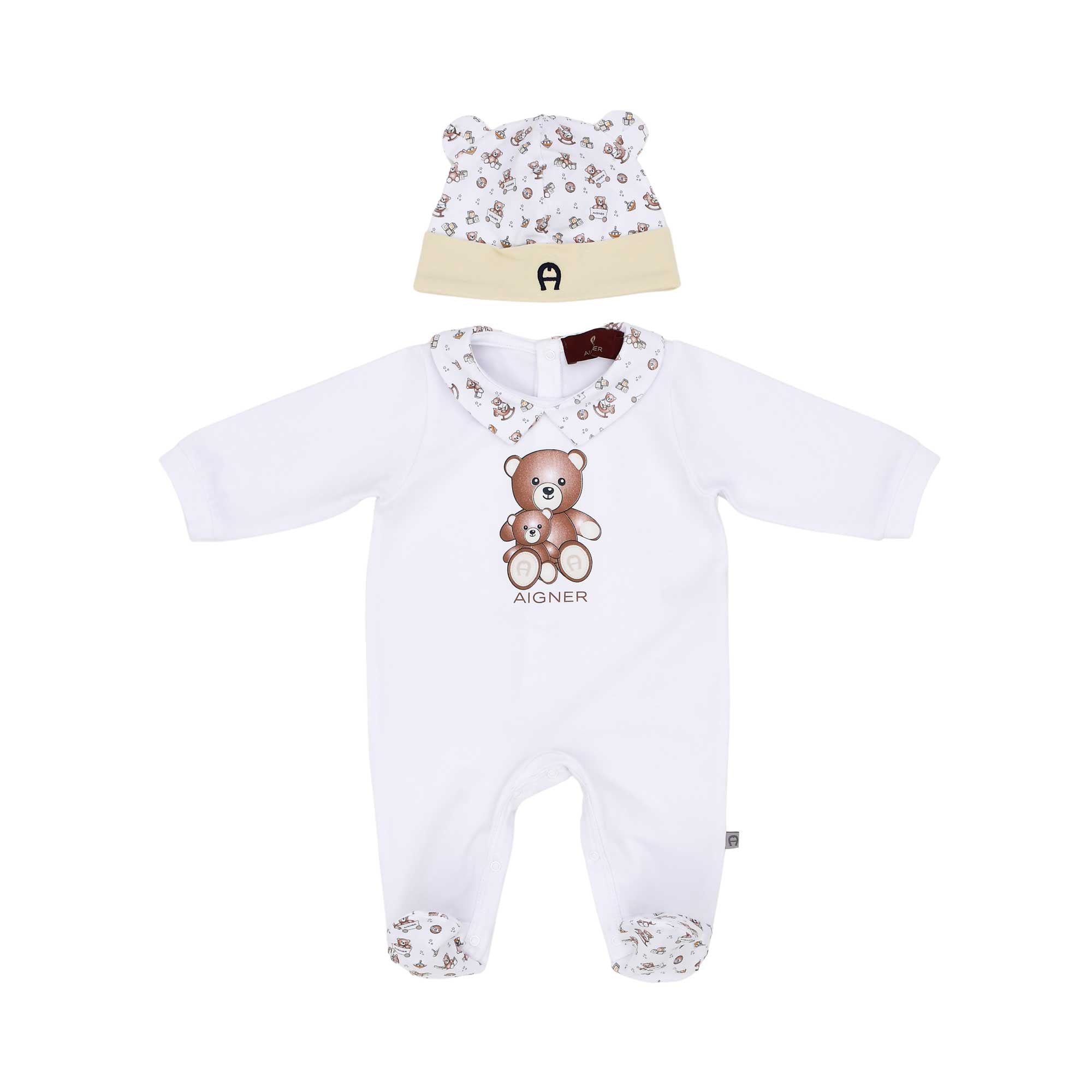 Front view of the Aigner kids newborn teddy bear white sleepsuit set with hat, baby outfit soft cotton. Order Online Today