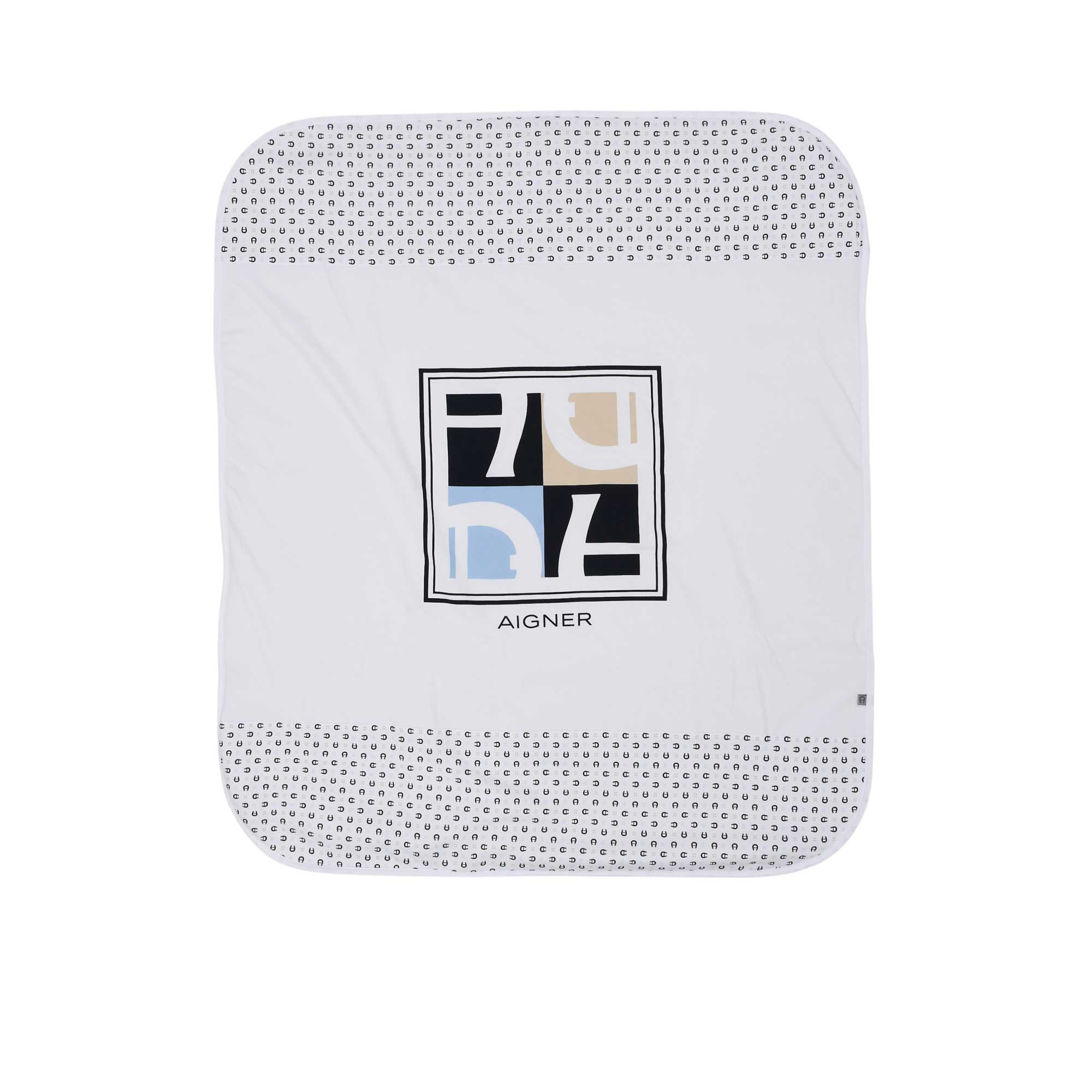 Front view of the Aigner kids newborn white baby blanket with square logo panel and monogram border. Available Online Today