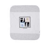 Front view of the Aigner kids newborn white baby blanket with square logo panel and monogram border. Available Online Today