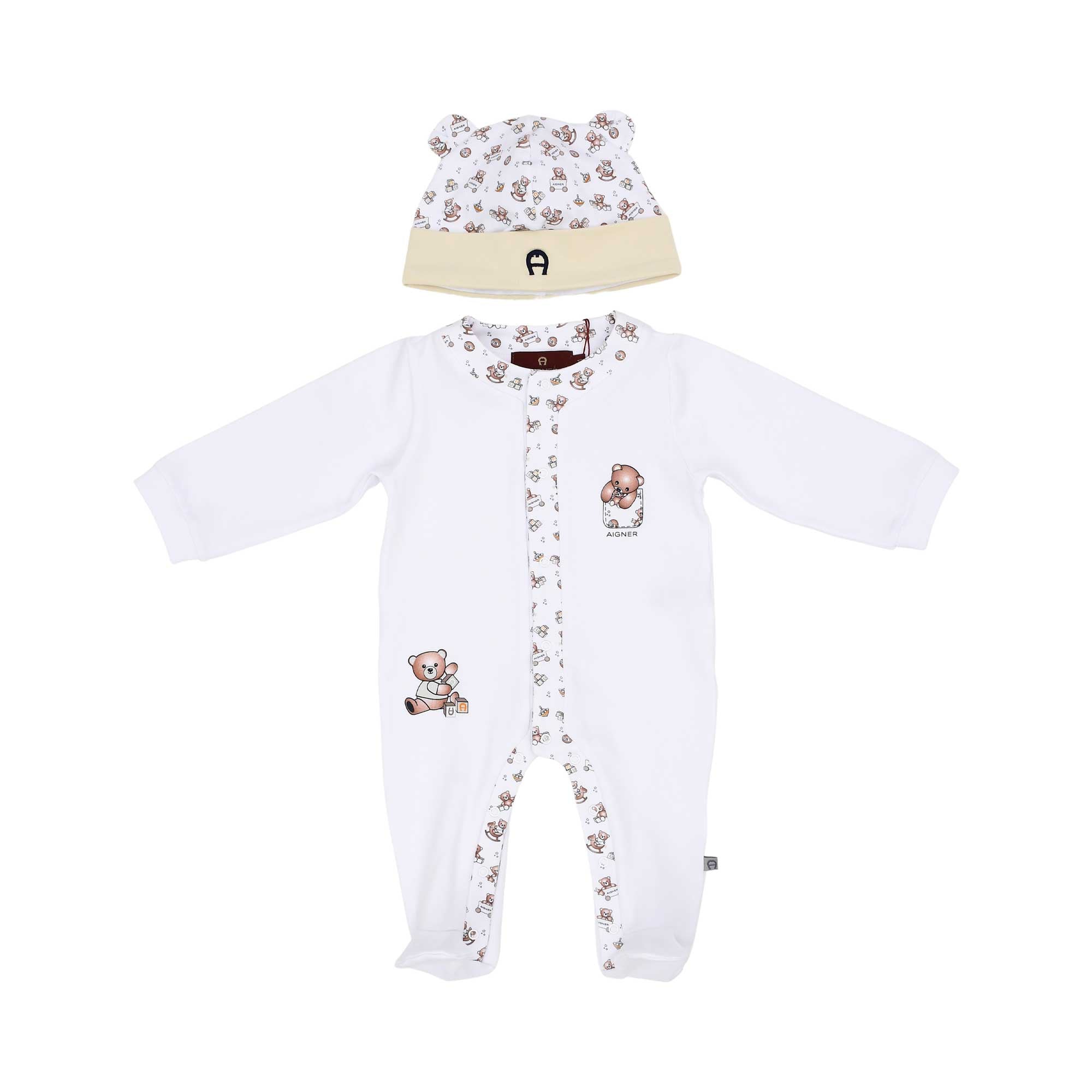 Front view of the Aigner kids teddy bear print white sleepsuit set with ear hat for newborn babies – Shop the Latest Online