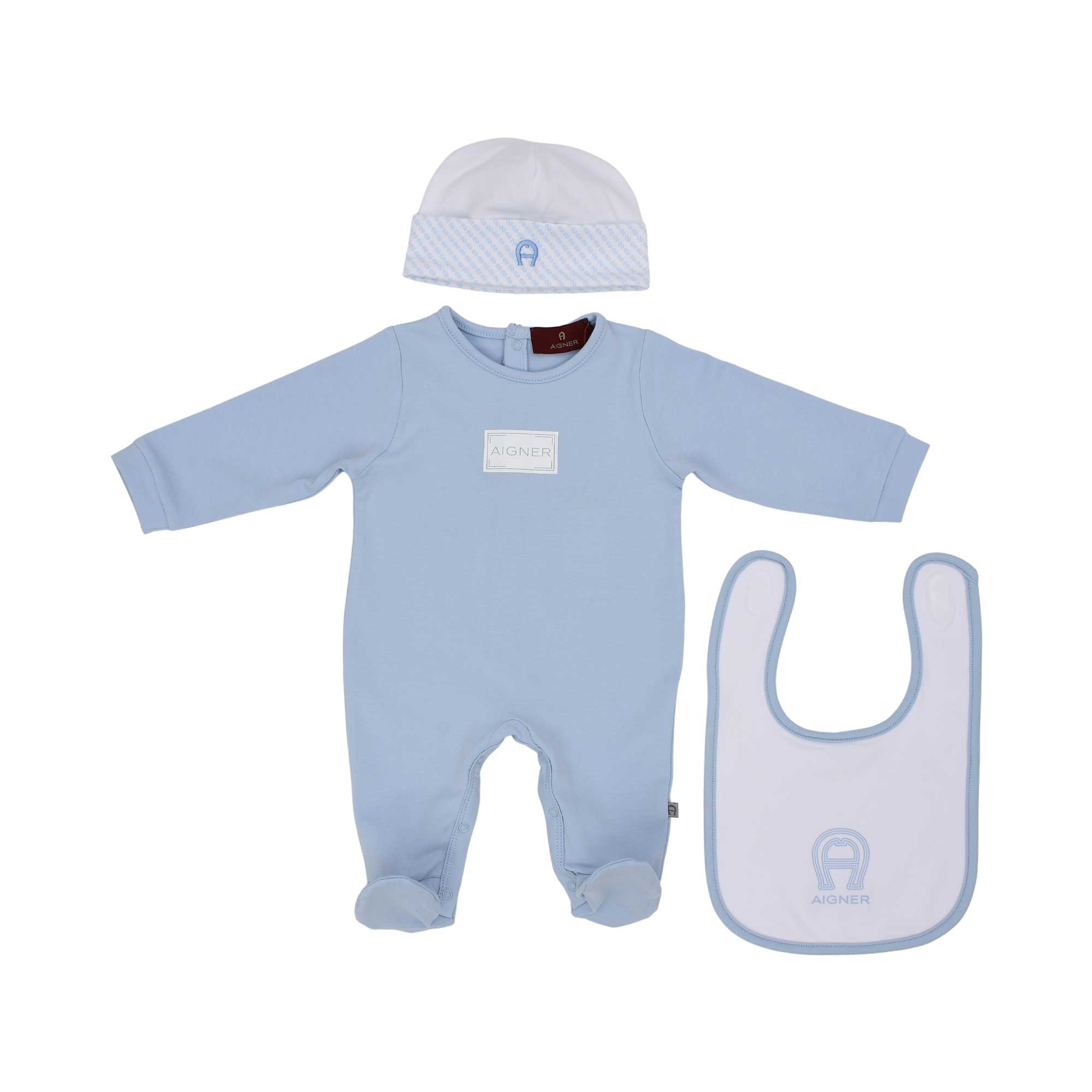 Front view of the Aigner newborn baby boy blue sleepsuit set with white hat bib soft cotton outfit. Shop the Latest Collection Online