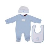 Front view of the Aigner newborn baby boy blue sleepsuit set with white hat bib soft cotton outfit. Shop the Latest Collection Online