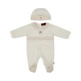 Front view of the Aigner newborn beige sleepsuit with monogram collar teddy motif and matching hat. Available for Online Purchase.