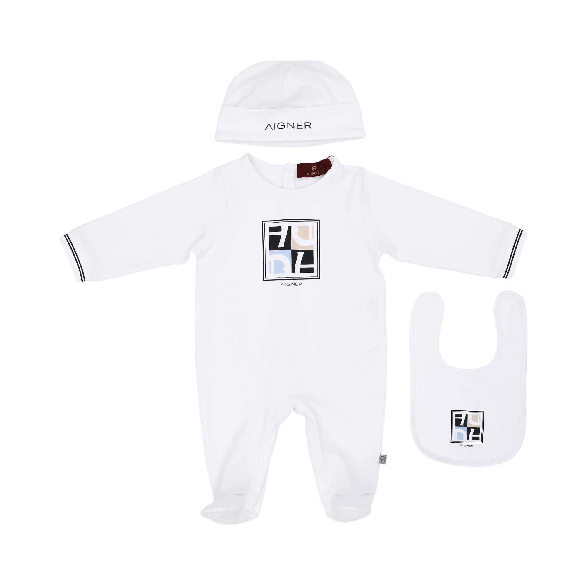 Front view of the Aigner newborn white 3 piece set with sleepsuit hat and bib logo design Now Available Online